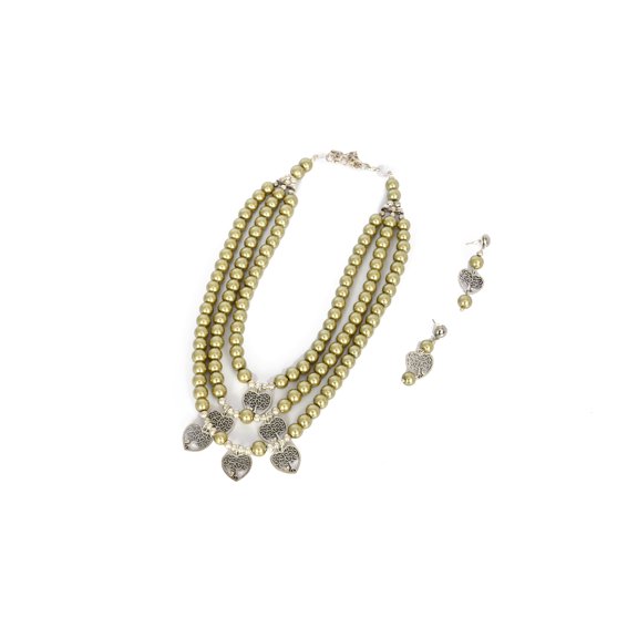De-Lemon Green Pearl Multi-Strand Necklace with Silver Heart Charms & Earrings Set