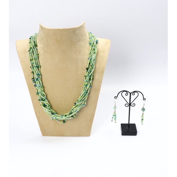 De-Lemon Green Seed Bead Multi-Strand Necklace & Earrings Set - Verdant Cascade