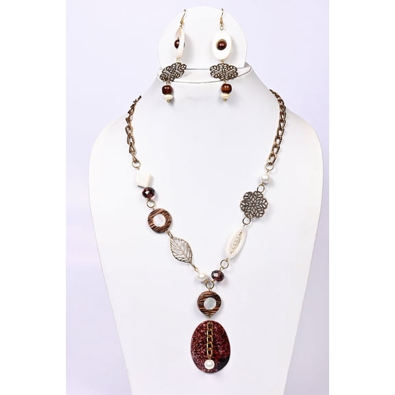 De-Lemon Mother-of-Pearl, Glass & Metal Necklace & Earrings Set - Earthy Elegance