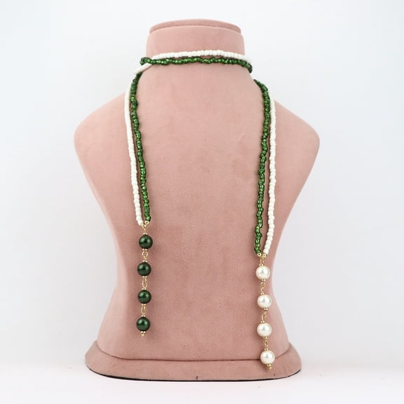 De-Lemon Multi-Strand Green and White Beaded Lariat Necklace