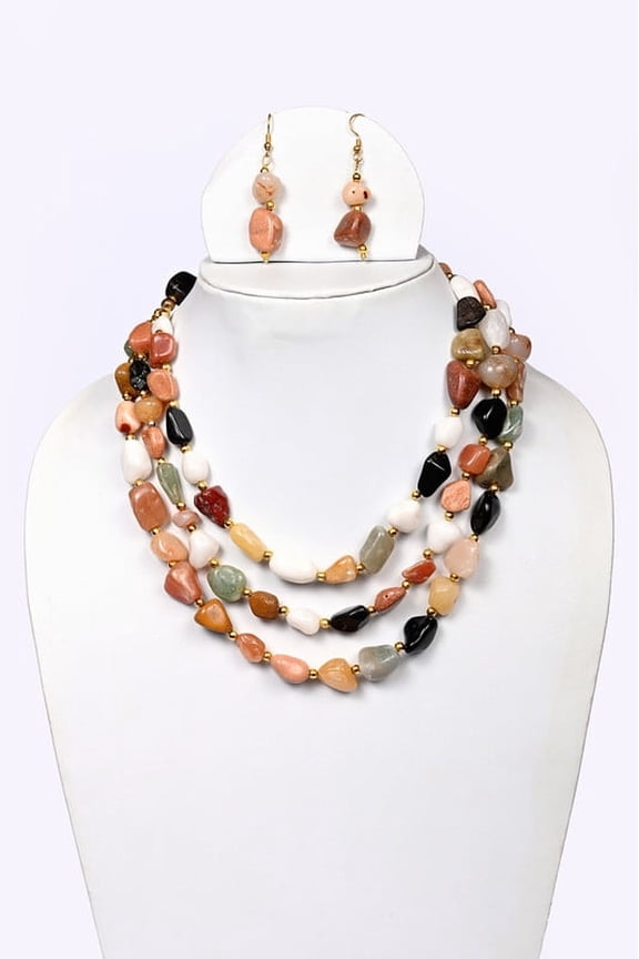 Multicolor Natural Semi-Precious Stone Three-Strand Necklace & Earrings Set