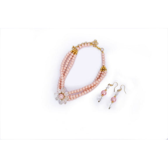 De-Lemon Pink Pearl & Crystal Choker Necklace & Earrings Set - Delicate Glam