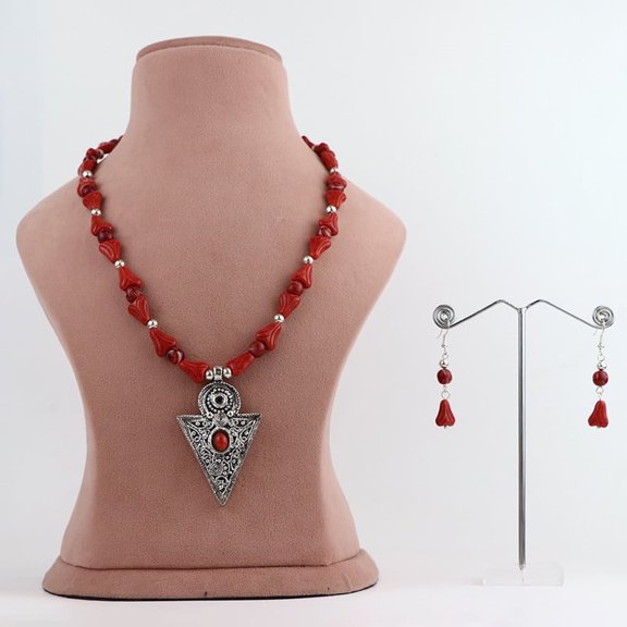 De-Lemon Red Glass Bead Necklace with Oxidized Silver Pendant and Earring Set