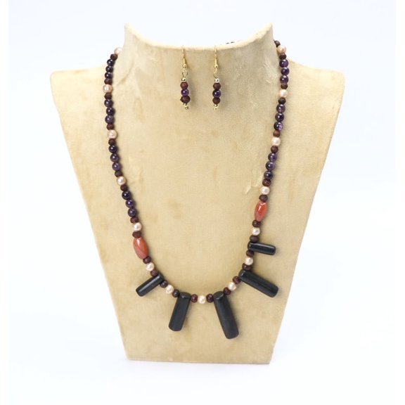 De-Lemon Trendy Antique Look Multi-Color Glass & Stone Bead Necklace & Earrings Set