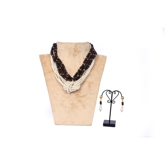 De-Lemon Twisted Glass Pearl & Wooden Bead Choker Necklace & Earrings Set - Bohemian Luxe