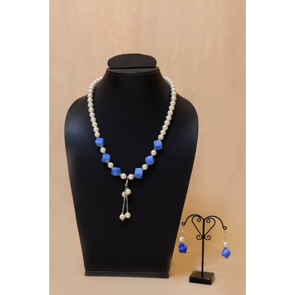 De-Lemon White Pearl & Blue Gemstone Bead Layered Necklace & Earrings Set - Modern Elegance
