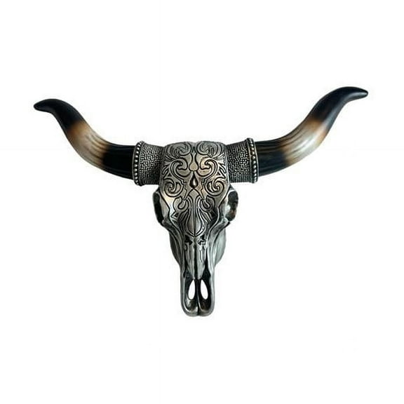 De Leon Collections 10957 Southwestern Silver Scroll Pattern Longhorn Cow Bull Skull with Black Tipped Horn Hanging Wall Dcor