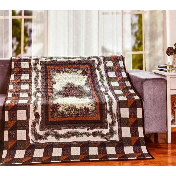 De Leon Collections 60 x 50 in. Pine Forest Checkered Pinecone Decorative Throw Quilt Blanket, Multi Color