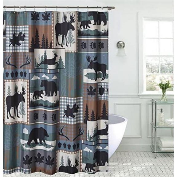 De Leon Collections 62238 Woodland Forest Patchwork Animal Moose Bear Nature Winter Themed Decorative 72 in. Shower Curtain, Multi Color