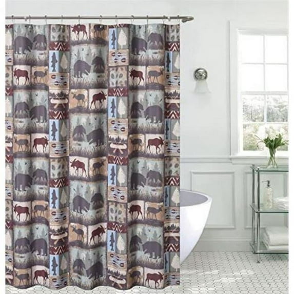 De Leon Collections 62296 Its a Wildlife Patchwork Animal Bear Moose Nature Camping Themed Decorative 72 in. Shower Curtain, Multi Color