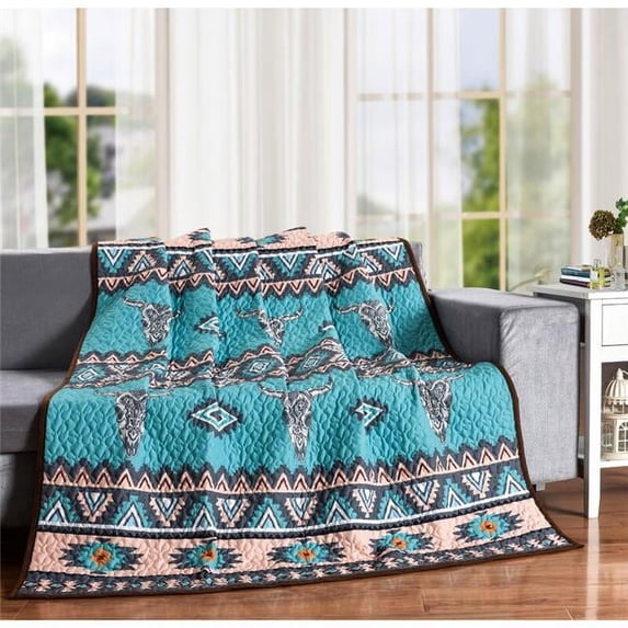 De Leon Collections 63137 60 x 50 in. Saguaro Skull Southwestern Boho Skull Decorative Throw Quilt Blanket, Multi Color