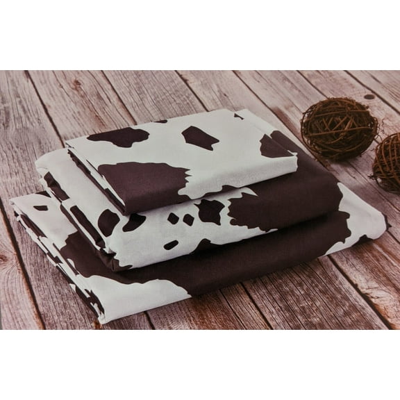 De Leon Collections 63703 Cow Hide Print Animal Print Sheet Set, Brown & White - Queen Size