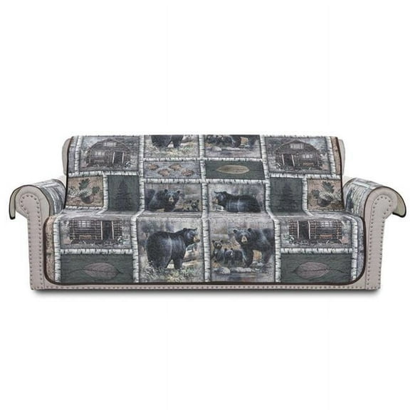 De Leon Collections Bear Lodge Patchwork Woodland Cabin Black Bear Birch Themed Sofa & Couch Furniture Slipcover