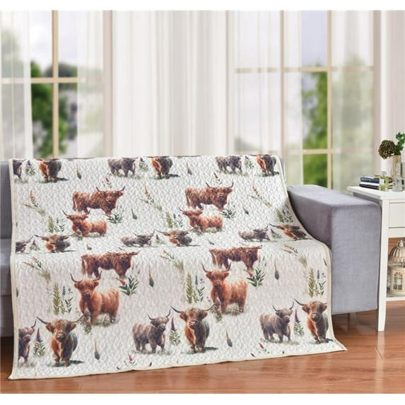 De Leon Collections Blooms and Horns Happy Highland Cow Rustic Farmhouse 60 x 50 Decorative Quilt Throw Blanket
