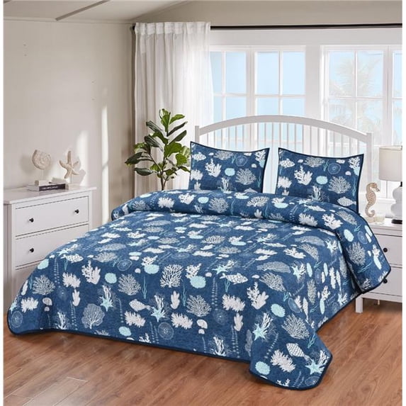 De Leon Collections Blue Coral Deep Sea Ocean Floor Aquatic Wildlife Fish Nautical Decorative Bedding Set Queen Quilt + 2 Pillow Shams