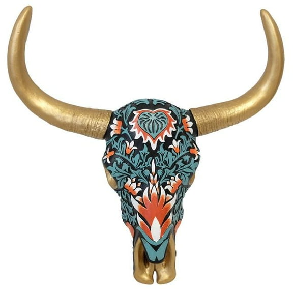 De Leon Collections 15457 Boho Carved Painted Damask Floral Longhorn Cow Bull Skull with Golden Horn Hanging Wall Dcor