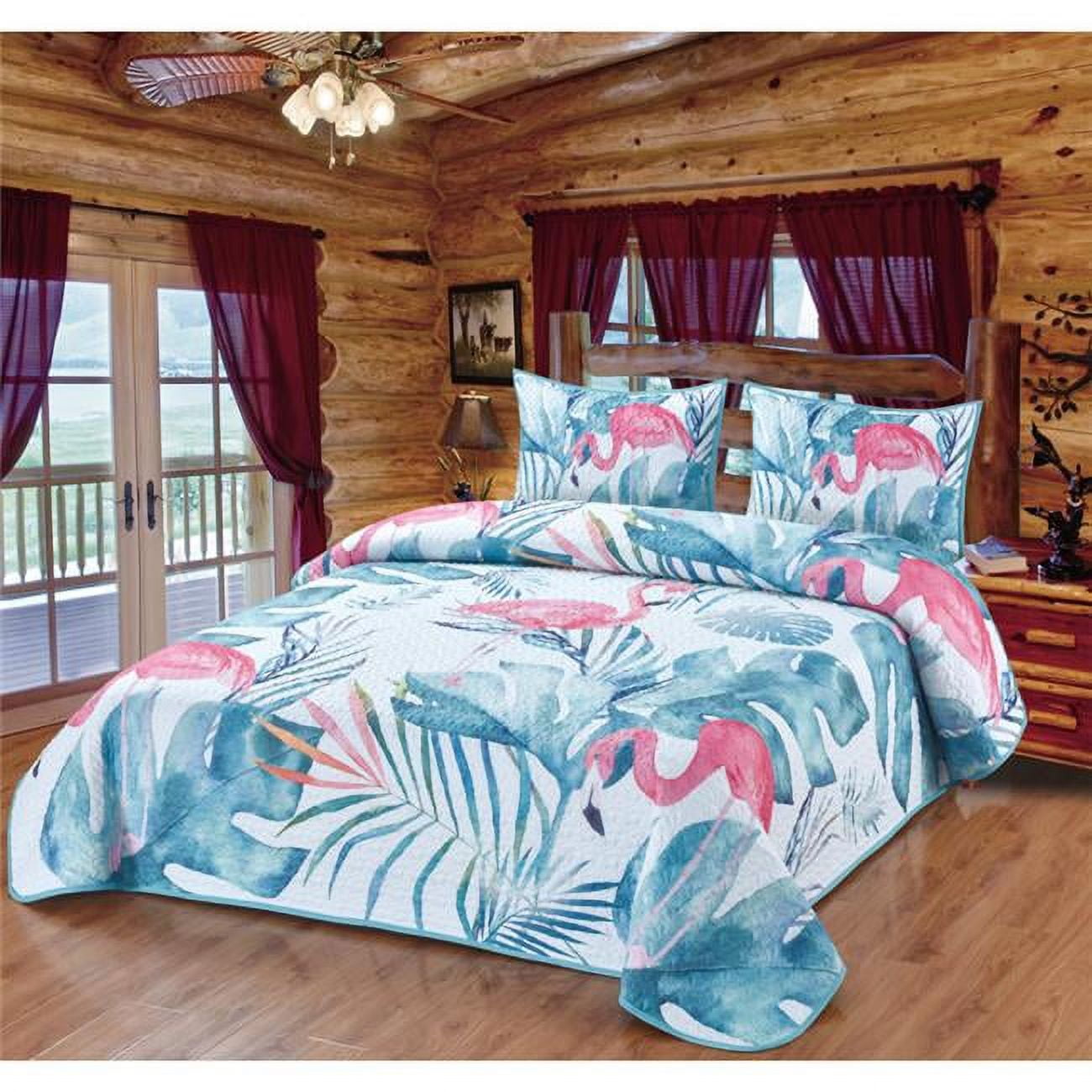 Queen Pink Flamingo and Aqua Palms Microfiber Quilt Set