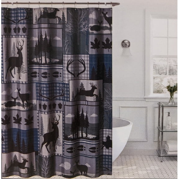De Leon Collections 62212 Deer Run Patchwork Buck Antler Woodland Forest Nature Themed Decorative 72 in. Shower Curtain, Multi Color