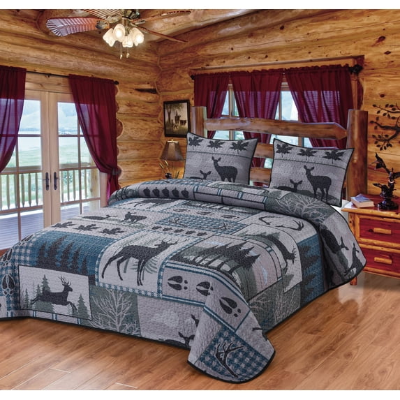 De Leon Collections 62205 Deer Run Patchwork Quilt Quilted Bedding Set, Multi Color - Queen Size Quilt & 2 Standard Shams