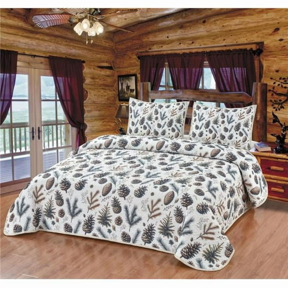 De Leon Collections 63854 Evergreen Harmony Wood Forest Pinecone Tree Lodge Cabin Decorative Quilt Bedding Set Queen Quilt + 2 Pillow Shams