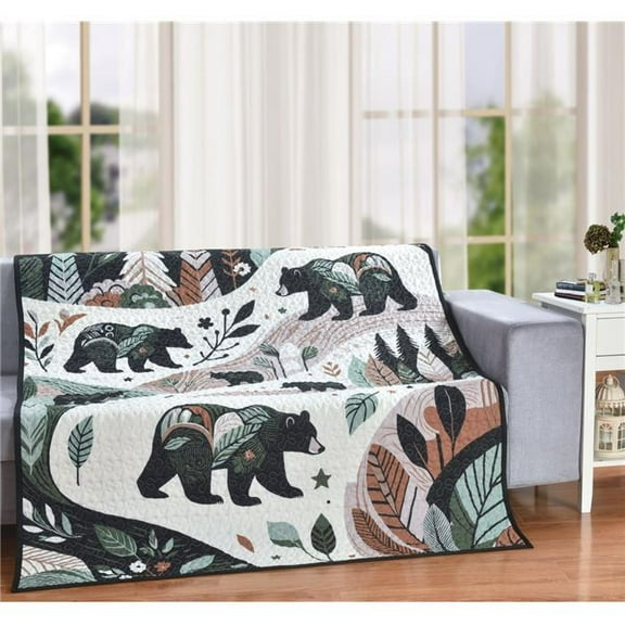 De Leon Collections 63856 Forest Life Woodland Black Bear Green Nature Lodge Cabin 60 x 50 Decorative Quilt Throw Blanket
