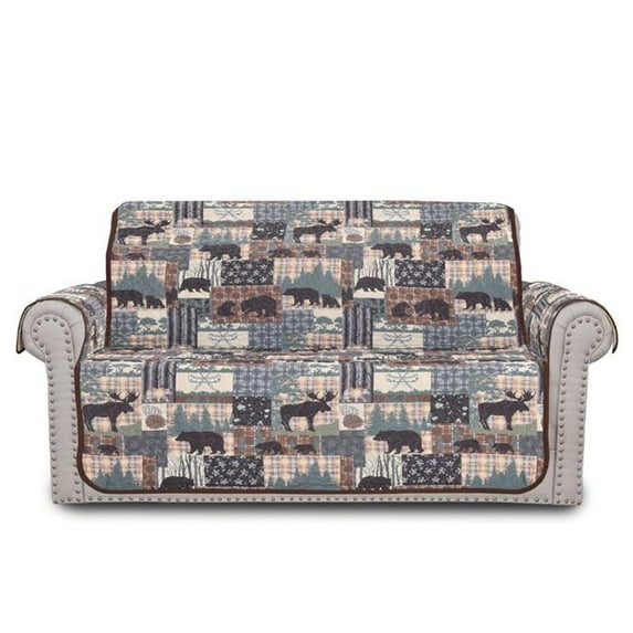 De Leon Collections 63812 Grand Bear Lodge Patchwork Plaid Woodland Animal Outdoor Activities Box Cushion Loveseat Slipcover