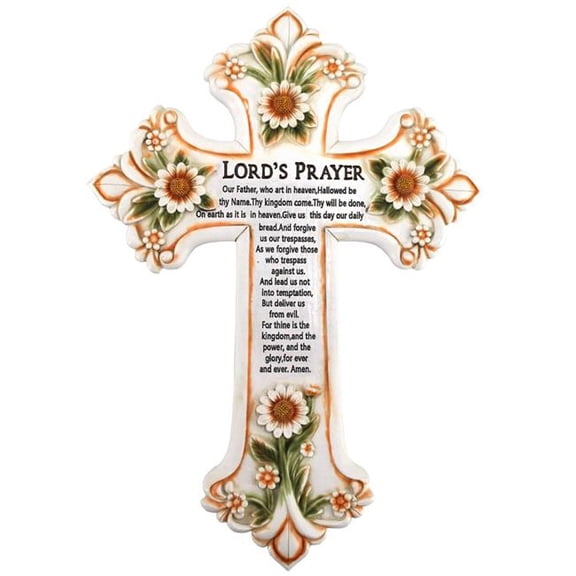 De Leon Collections 14861 Lords Prayer White Floral Vintage Fleur De Lis Wall Cross