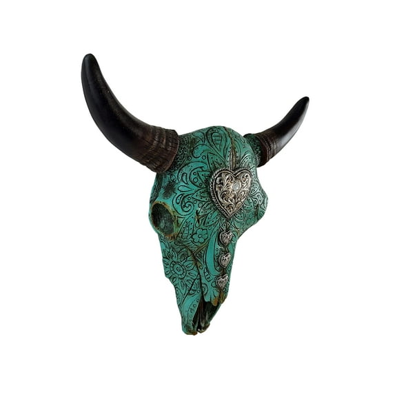 De Leon Collections Paisley Turquoise Floral with Concho Heart Distressed Carved Cow Bull Steer Skull Hanging Wall Dcor