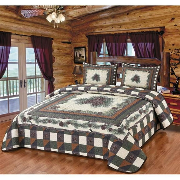 De Leon Collections  Pine Forest Checkered Pinecone Quilt Quilted Bedding Set, Multi Color - Queen Size Quilt & 2 Standard Shams