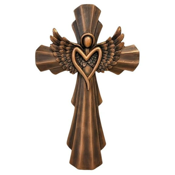De Leon Collections 14079 Polyresin Brown Angel Wings Heart on Wood Hanging Wall Cross