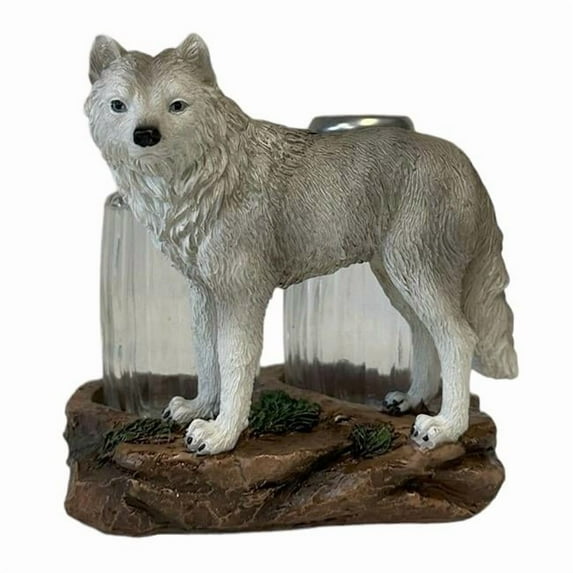 De Leon Collections 15644 Polyresin Grey Wolf Standing in Woodland Forest Nature Themed Salt and Pepper Shaker Holder Set