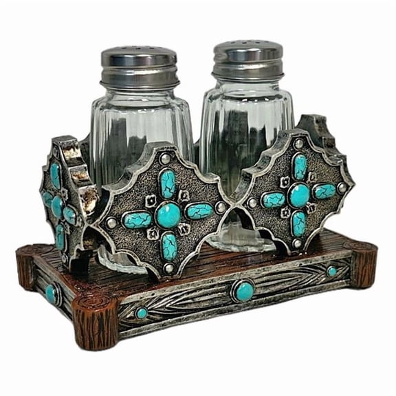 De Leon Collections 14883 Polyresin Turquoise Dot Stones with Metal Concho Accent Salt and Pepper Shaker Holder Set
