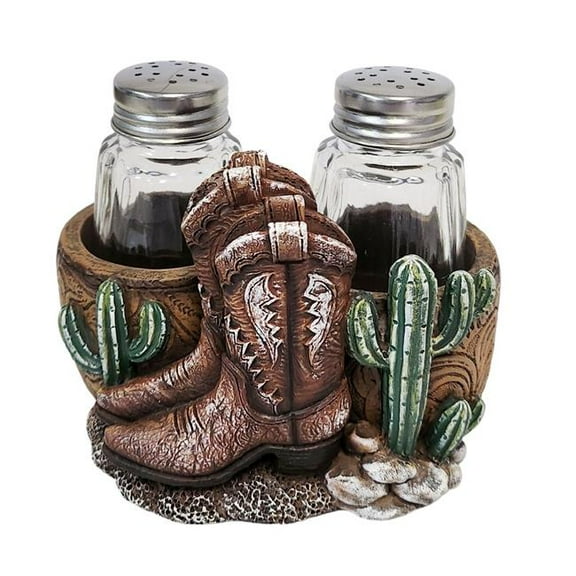 De Leon Collections 14281 Polyresin Western Brown Boots with Desert Cactus Jars Country Salt and Pepper Shaker Holder Set