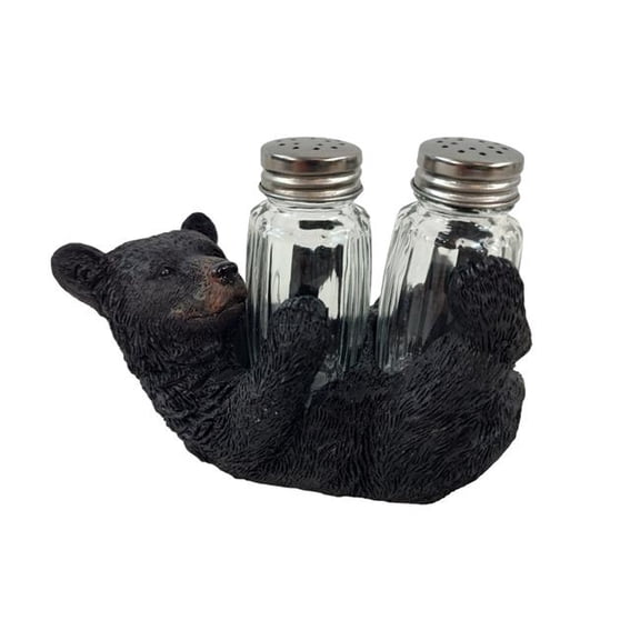 De Leon Collections 15556 Polyresin Woodland Black Bear Cub Laying on Back Rustic Forest Salt and Pepper Shaker Holder Set