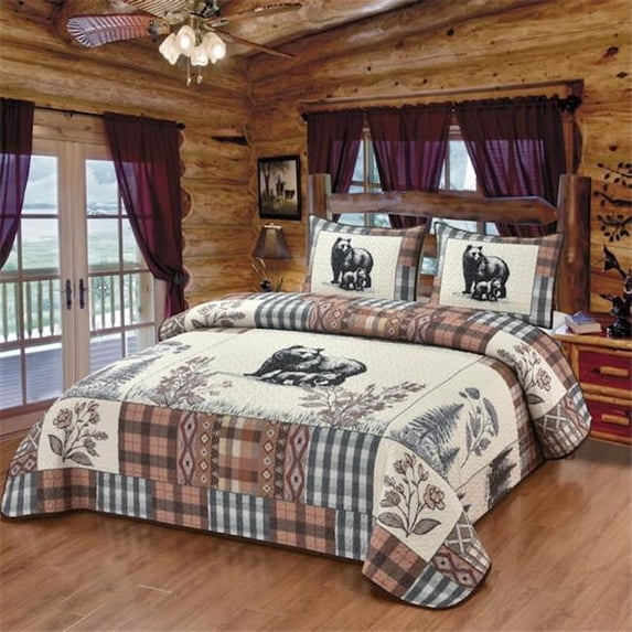 De Leon Collections 197645638993 Quilt Queen Blanket With 2 Pillow Shams Mountain Bears And Forest Blooms