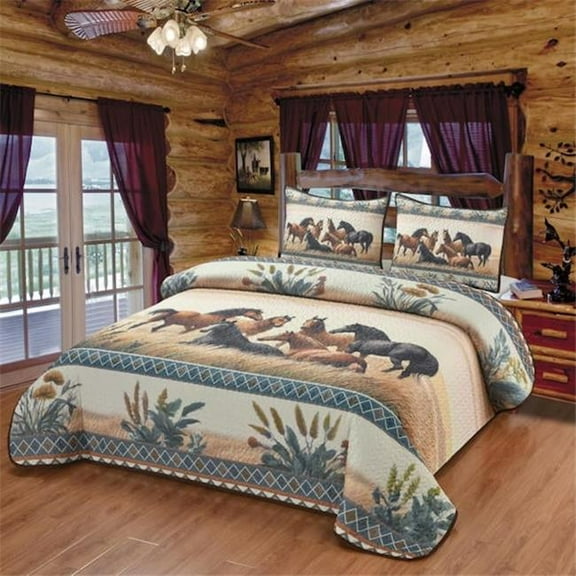 De Leon Collections 197645638924 Quilt Queen Blanket With 2 Pillow Shams Wild Horse Prairie