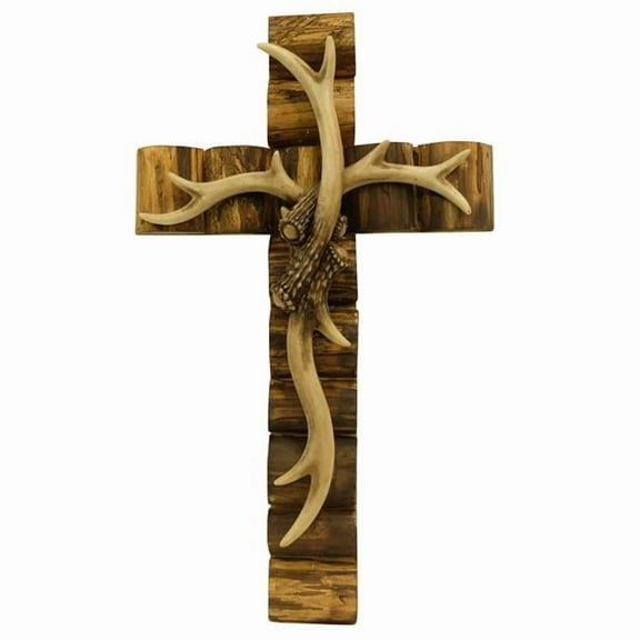 De Leon Collections 13601 Resin Deer Antler Stacked Wooden Frame Hanging Wall Cross