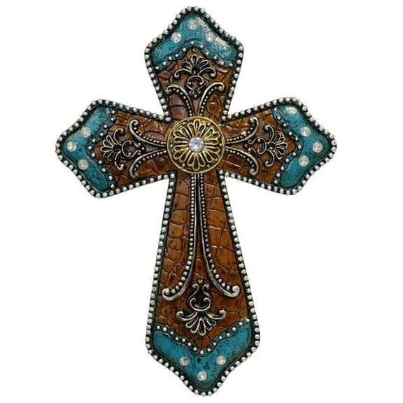 De Leon Collections 13621 Resin Leather Ornate Cross Turquoise Gold Flower Wall Cross