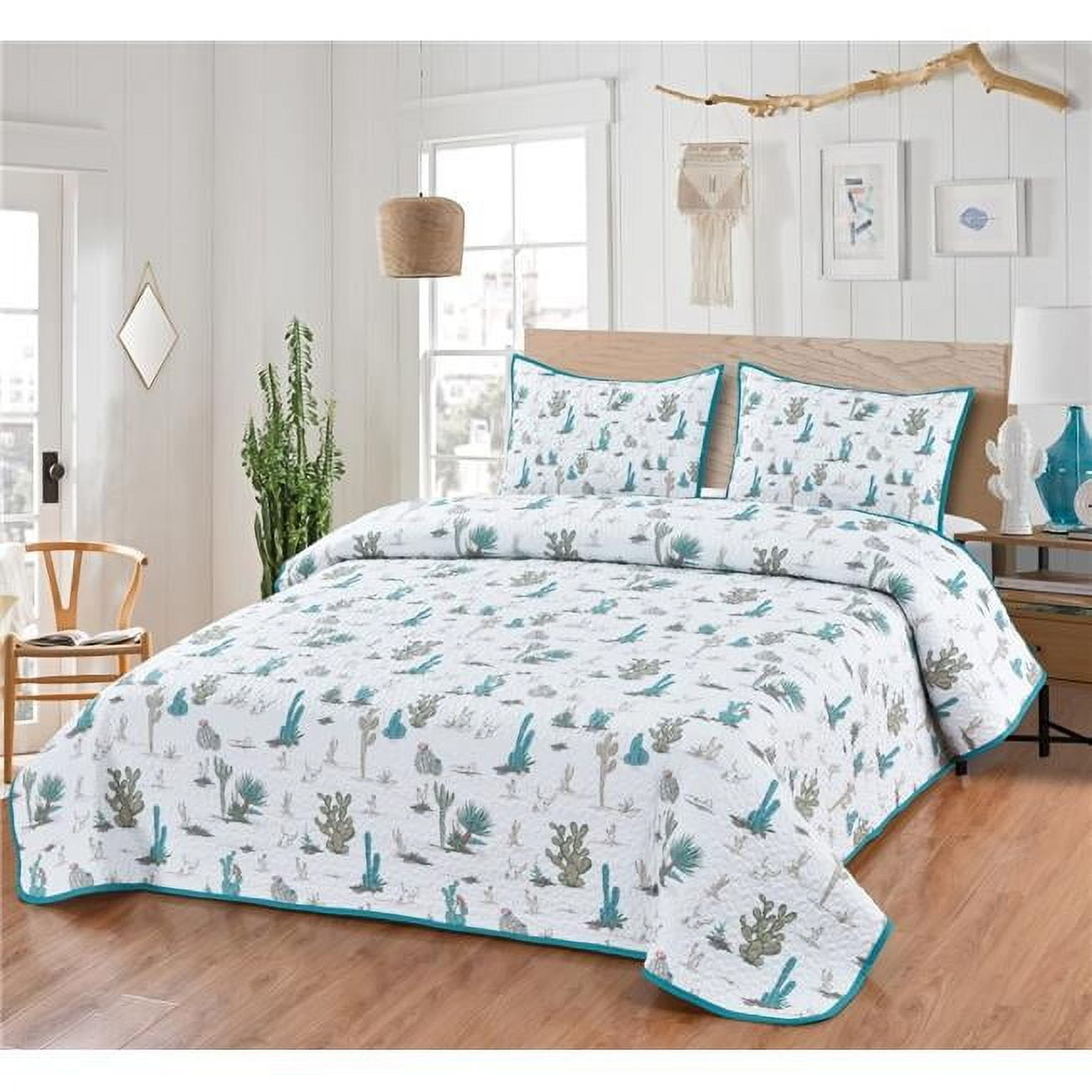 King Size White Polyester Quilt Set with Botanical Cactus Design