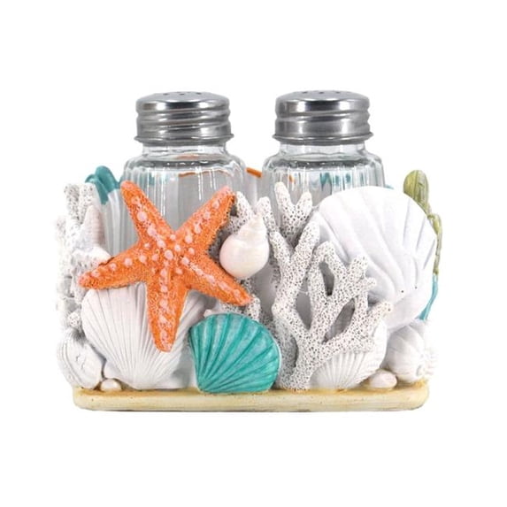 De Leon Collections 14062 Seaside Splendor Ocean Beach Vibes Seashells and Starfish Salt and Pepper Shaker Holder Set