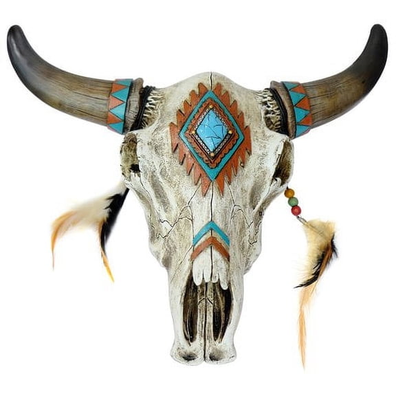 DeLeon Collections Rustic Southwest Bull Skull with Feathers, Beads & Faux Turquoise Stone - Wall Hanging