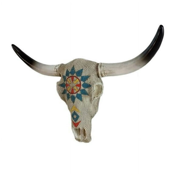 De Leon Collections 14724 Southwestern Beaded Longhorn Cow Bull Skull with Colorful Geometric Pattern Hanging Wall Dcor