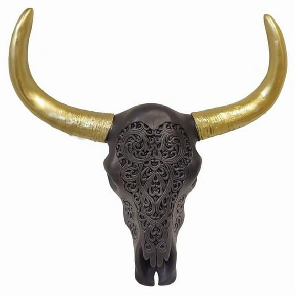 De Leon Collections 15519 Southwestern Jet Black Ornate Carved Scroll Longhorn Cow Bull Skull & Gold Horn Hanging Wall Dcor