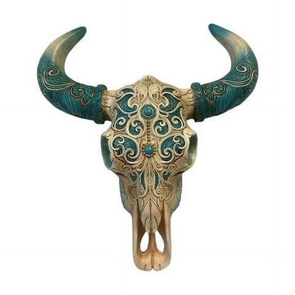 De Leon Collections 10959 Southwestern Ornate Scroll Bone Longhorn Cow Bull Skull with Turquoise Horns Hanging Wall Dcor