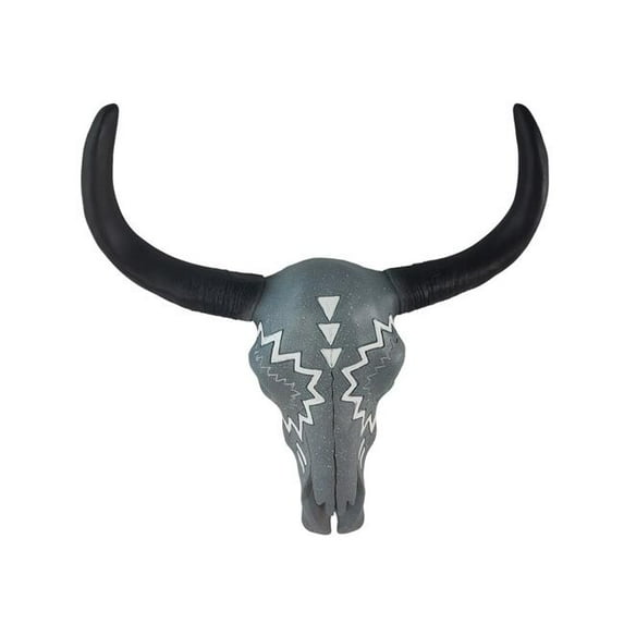 De Leon Collections 15518 Southwestern Tribal Painted Grey Longhorn Cow Bull Skull with Black Horn Accent Hanging Wall Dcor