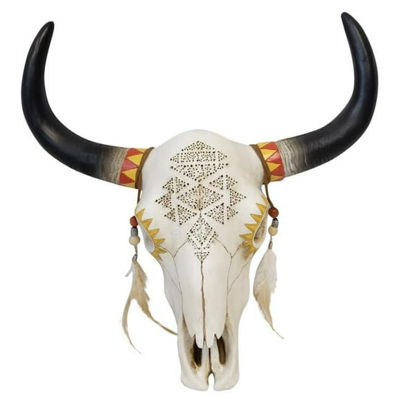 De Leon Collections Southwestern Tribal Tooled Bull Cow Skull with Feathers & Beads Accents Hanging Wall Dcor