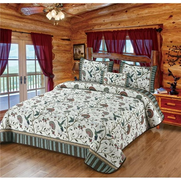 De Leon Collections 63266 Summer Garden Hummingbird Floral Boho Damask Modern Farmhouse Decorative Bedding Set King Quilt + 2 Pillow Shams