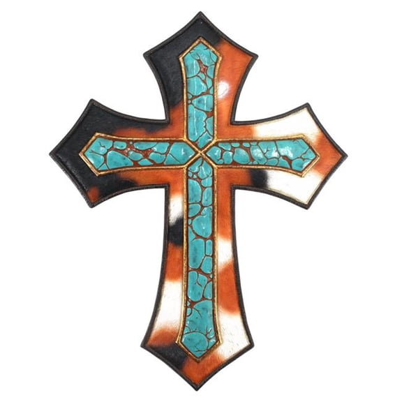 De Leon Collections 14866 Turquoise Stone Cowhide Color Vintage Farmhouse Wall Cross