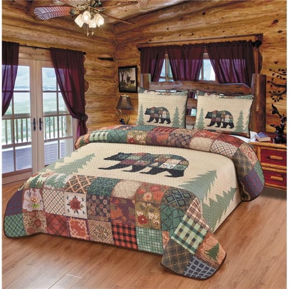 De Leon Collections 63844 Vibrant Wilderness Black Bear Forest Nature Boho Bright Floral Patchwork Bedding Set King Quilt + 2 Pillow Shams