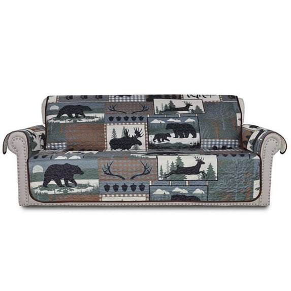 De Leon Collections Woodland Bear Patchwork Plaid Nature Wild Animal Bear Moose Sofa & Couch Furniture Slipcover